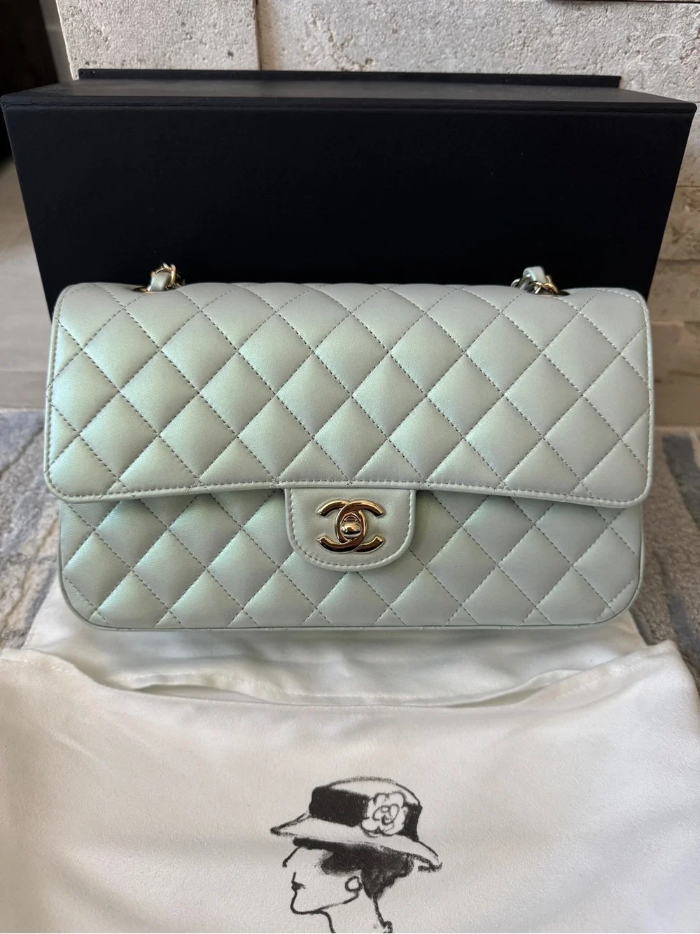 Chanel Iridescent Blue Medium Classic Flap Bag Quilted Lambskin Gold Hardware